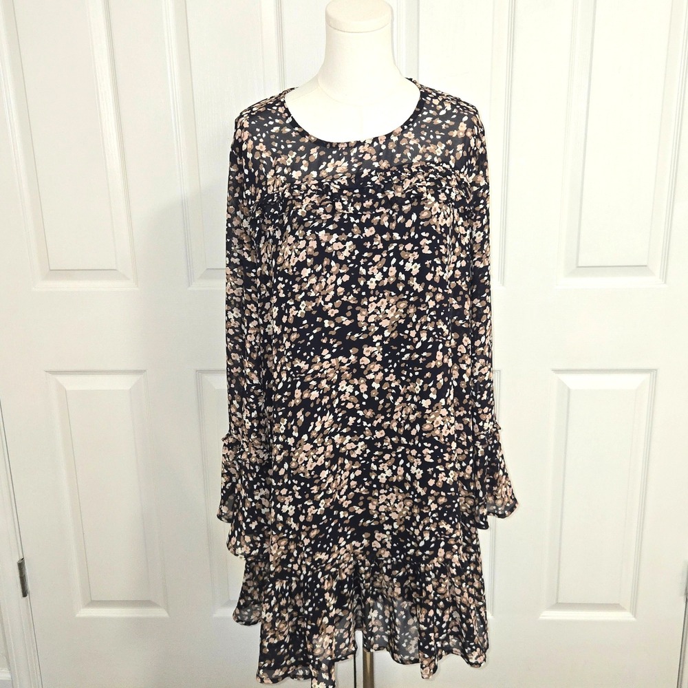 Loveriche Floral Mini Dress Womens 1X Navy Blue Ruffle Bell Sleeve LD42010X